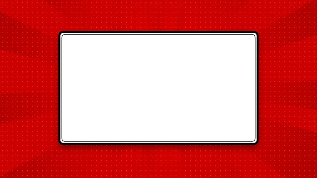 White frame on red comic style background with sunburst and halftone pattern