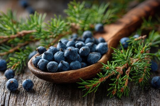 Juniper berries on a rustic wooden spoon with evergreen boughs, on wood surface. Close-up shot.