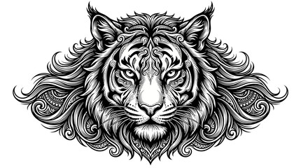 Obraz premium Powerful Lion Head Tattoo Vector Illustration, Fierce Wild Animal Portrait in Tribal Black Silhouette Style, Majestic Feline Predator Mascot Logo and Wildlife Design