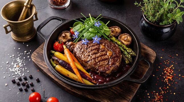 Gourmet grilled ribeye steak served in a black cast iron skillet with baby carrots, herbs, edible flowers, and sauce on dark stone surface with spices around.