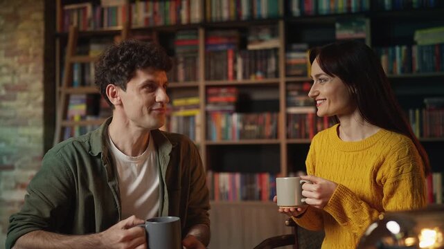 Young man and red-haired woman drinking tea during date in coffee shop