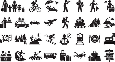Naklejka premium Set of black travel and tourism icons featuring transportation activities and vacation symbols in a flat vector style