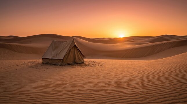 Desert camping safari with traditional canvas tent on sand dunes at sunset