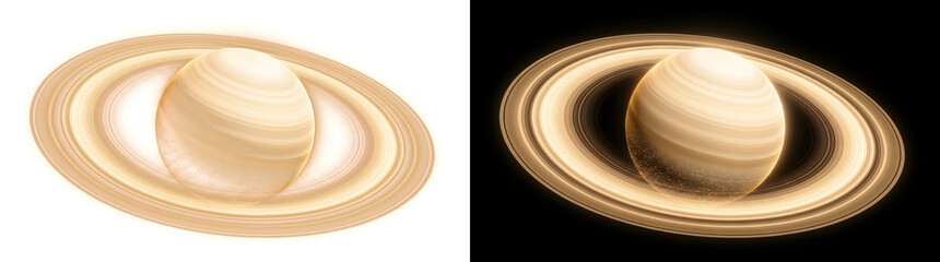 Saturn planet glowing golden ring space illustration ideal for banners in PNG, Transparent and Black Background Versions for design use © Graphic Assets