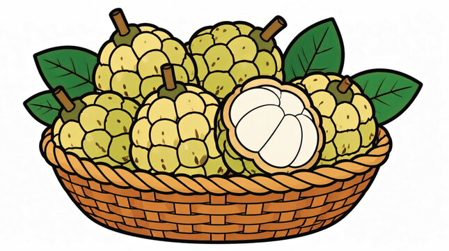 Vibrant illustration of marangs fruit in a woven basket, isolated on white background