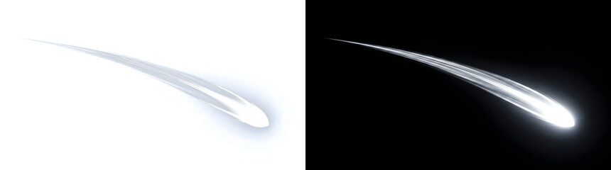 White shooting star trail with a glowing tail streaking diagonally across the sky ideal for PNG, Transparent and Black Background Versions in designs © Graphic Assets