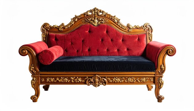 Ornate red velvet and gold carved wood sofa with black seat