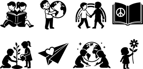 Fototapeta premium Children reading, caring for earth, and making friends, vector illustrations set