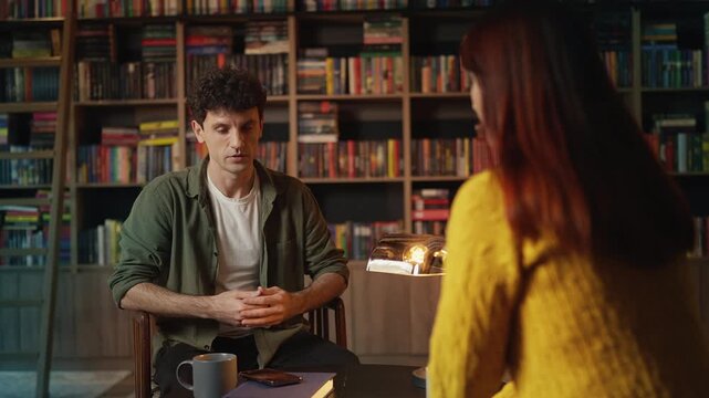 Frustrated young man leaving coffee shop after argument with girlfriend