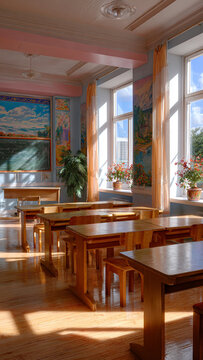 An old school classroom in a village school with wooden desks