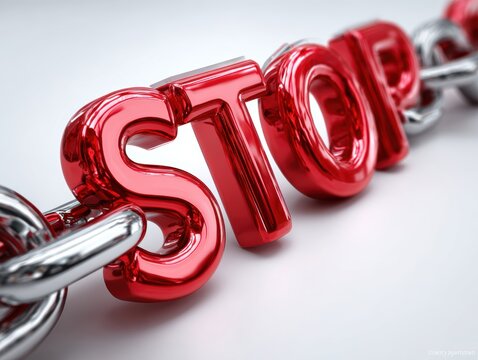 Shiny red "STOP" letters interlocked with a metal chain, conveying a sense of restriction or halt.