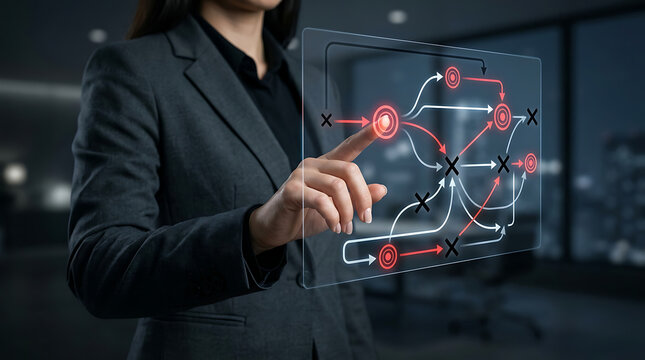 Professional Businesswoman Analyzing Strategic Workflow Processes via Interactive Digital Interface