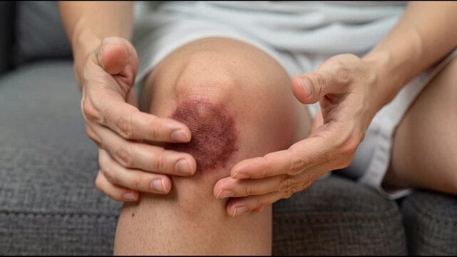 Large knee bruise female examine skin injury