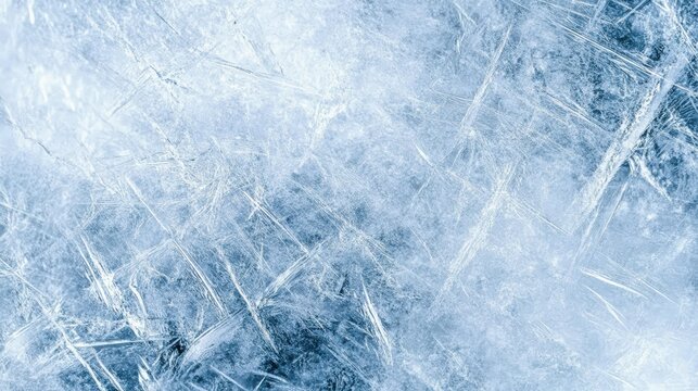 Close-up image of textured ice with visible cracks and frosty patterns in various shades of blue and white.