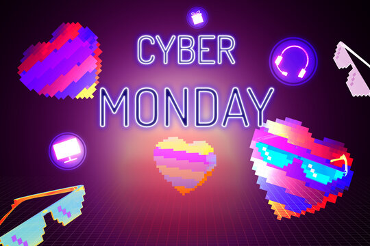 Cyber Monday sale neon banner with 8-bit pixel hearts and retro synthwave grid background