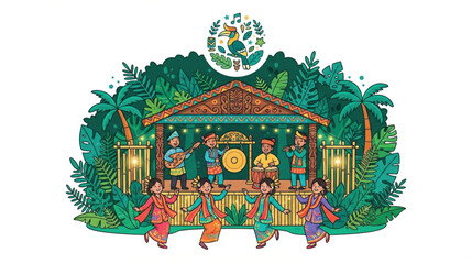 Fototapeta premium Vibrant Rainforest Music Festival with Traditional Dancers and Musicians in Malaysia