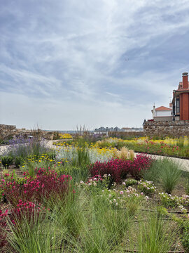 Historic garden surrounding the Episcopal Palace designed by Antoni Gaudi in Astorga, Leon, Spain. Scenic architecture and popular tourist destination