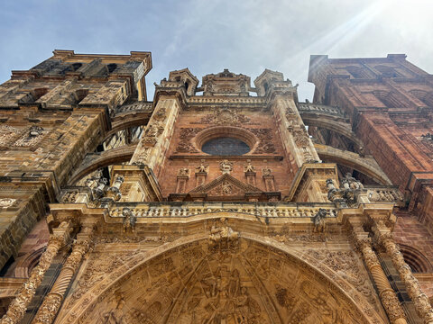 Historic Astorga Cathedral in Leon Province, Spain. Gothic architecture, impressive facade and one of the city&rsquo;s most important religious landmarks