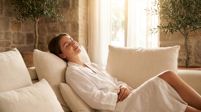 Relaxed Greek Woman Reclining Comfortably in Spa Skincare Editorial