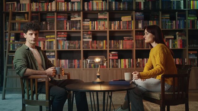 Offended young woman and boyfriend drinking tea after quarrel in coffee shop