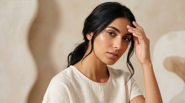 Greek Woman Gently Touching Forehead in Soothing Skincare Campaign