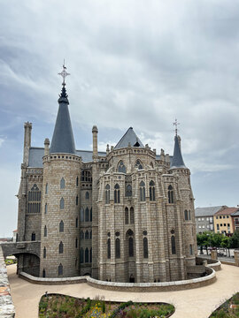 Scenic postcard view of the Episcopal Palace designed by Antoni Gaudi in Astorga, Leon, Spain. Iconic Neo-Gothic landmark and popular tourist destination