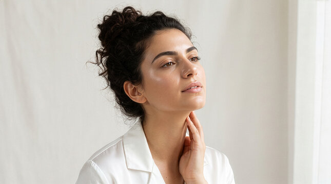 Elegant Greek Woman Touching Neck in Minimalist Skincare Advertising