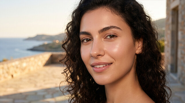 Authentic Greek Woman Showing Natural Skin Texture in Bare Beauty Portrait