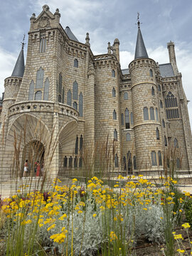 Scenic postcard view of the Episcopal Palace designed by Antoni Gaudi in Astorga, Leon, Spain. Iconic Neo-Gothic landmark and popular tourist destination