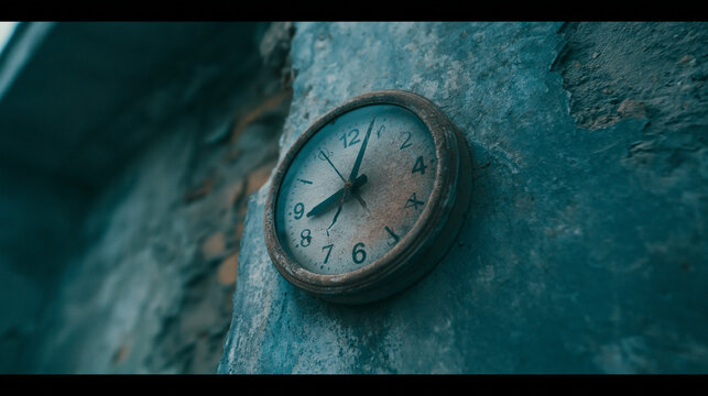 abandoned clock on crumbling wall showing 8 05.