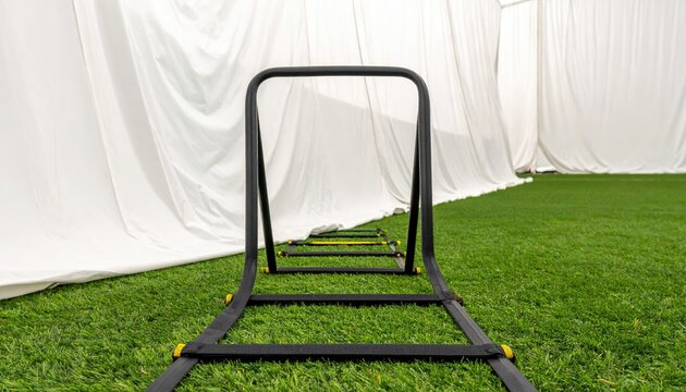 Agility ladder on artificial turf inside a brightly lit sports facility