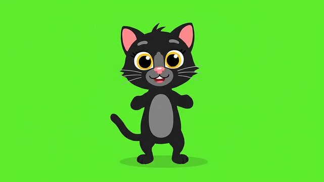 Cute Black Cat Character Animation on Green Screen.