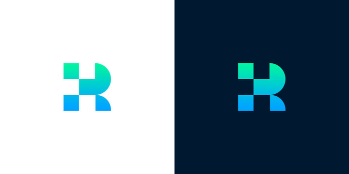 Abstract geometric letter R logo icon featuring a digital pixel gradient style for corporate branding and tech identity