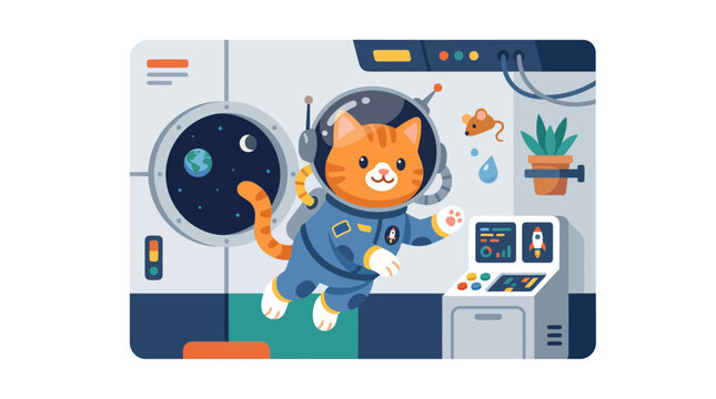 Cute orange cat astronaut floating in spaceship interior, outer space view, mouse, plant, control panel, concept of adventure and exploration