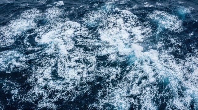 Aerial view of turbulent deep blue ocean waves with white foam and swirling water patterns