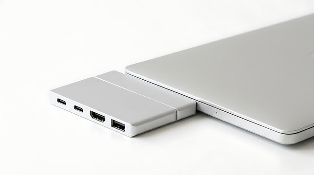 Silver multi-port usb adapter hub connected to laptop for high speed digital data flow