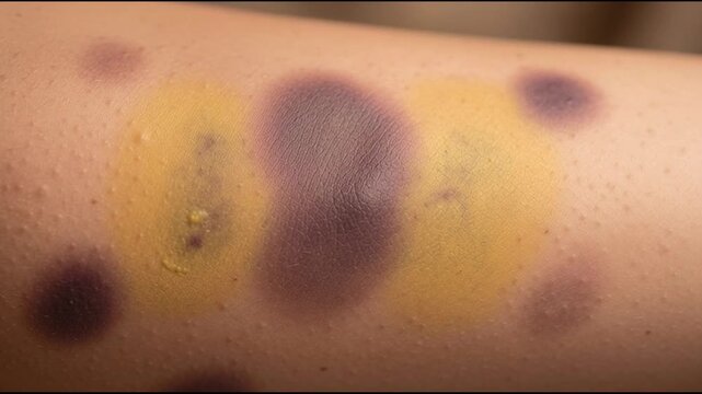 Bruise female skin with multiple healing marks and finger pointing
