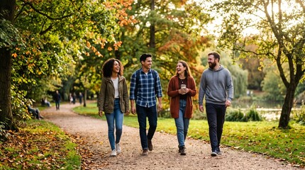 Obraz premium Diverse group of friends enjoying a leisurely walk in a park during autumn with colorful foliage and sunlight