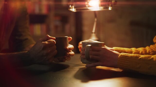 Young loving couple drinking tea and talking during romantic coffee shop date