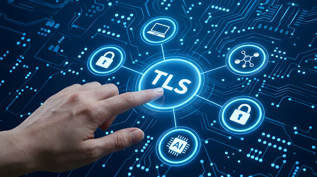 Hand selecting tls security icon on digital interface with blue digital cybersecurity communication information technology protection encryption