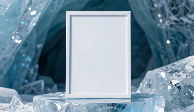 Vertical white frame mockup on frozen ice block podium inside glacial ice cave background