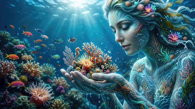 Mermaid holding coral reef with clownfish in cupped hands underwater. Concept of marine life protection for World Ocean Day. Fantasy sea goddess caring for aquatic ecosystem environment.