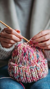 Close-up of woman's hands knit a colorful beanie hat with wooden needles. Soft, cozy, and inviting image suggests creativity, craft, and relaxation. Perfect for lifestyle, DIY, or fashion projects.