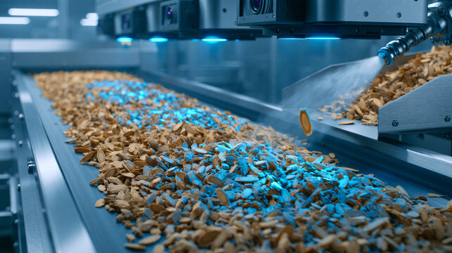 Advanced optical sorting equipment for processing herbs on factory belt.