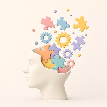 Minimalist 3D illustration of a human head profile filled with colorful puzzle pieces and gears, symbolizing creative thinking, mental health awareness, and complex problem solving.