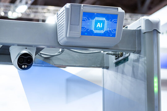 Artificial intelligence technology. AI-powered surveillance camera performs automated monitoring and video analytics in smart security system.