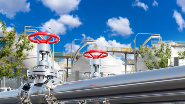 Oil and gas industry. Industrial pipeline system with shutoff valves operates at petrochemical storage facility for fluid transportation and processing.