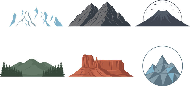 Mountain peak ridge and desert canyon vector illustration set featuring snow covered range rocky hills volcano star night pine forest and geometric low poly elements