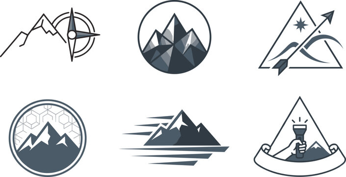 Mountain outdoor adventure minimalist line logo badge set featuring geometric low poly peak icons compass arrow flashlight star and wave element vector templates