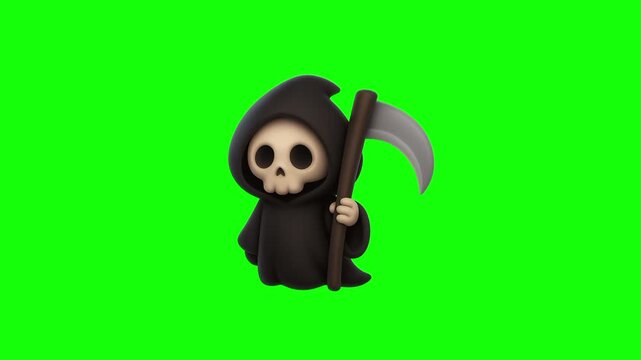 Halloween grim reaper, ghost spooky icon sign, isolated on green screen. Animated spirit, scary and cute cartoon. Advertisement, illustration idea, party and celebration symbol. Element for video.